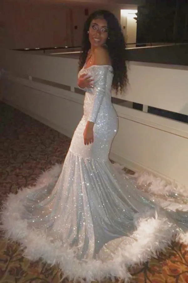 Off-the-shoulder Sequins Fur Trim Court Train Mermaid Prom Gowns