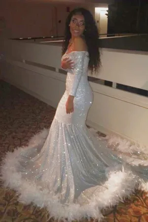 Off-the-shoulder Sequins Fur Trim Court Train Mermaid Prom Gowns