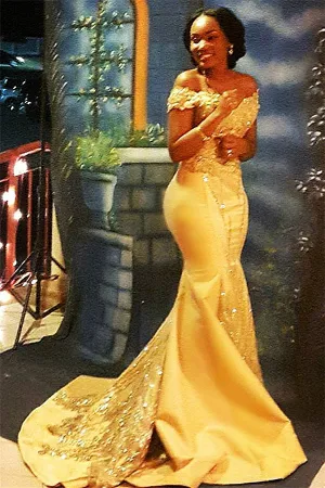 Off-the-Shoulder Sparkle Beads Sequined Appliques Prom Dresses New Arrival Mermaid Beads Sequins Evening Gown
