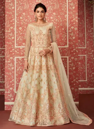 Off White And Peach Embroidered Indian Anarkali Suit