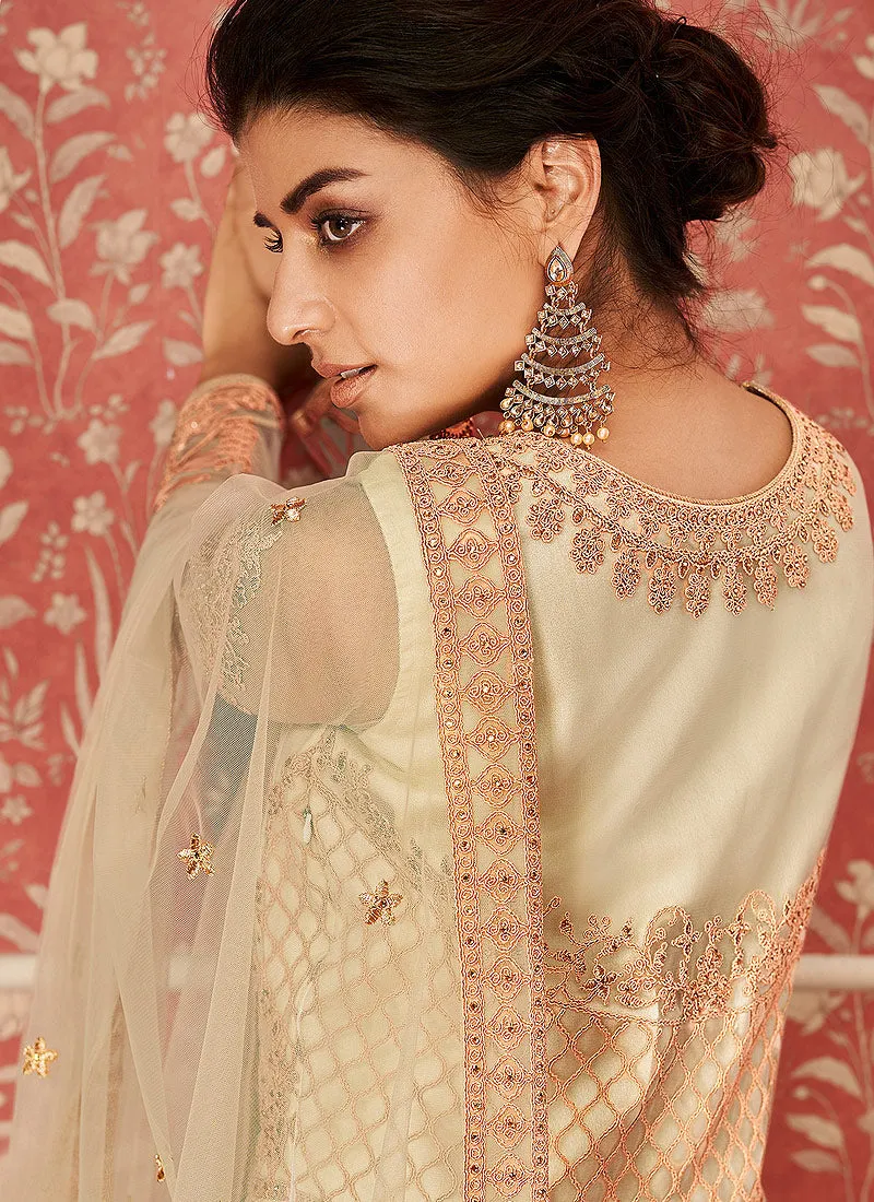 Off White And Peach Embroidered Indian Anarkali Suit