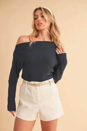 One Shoulder Long Sleeve Knit Top - Navy