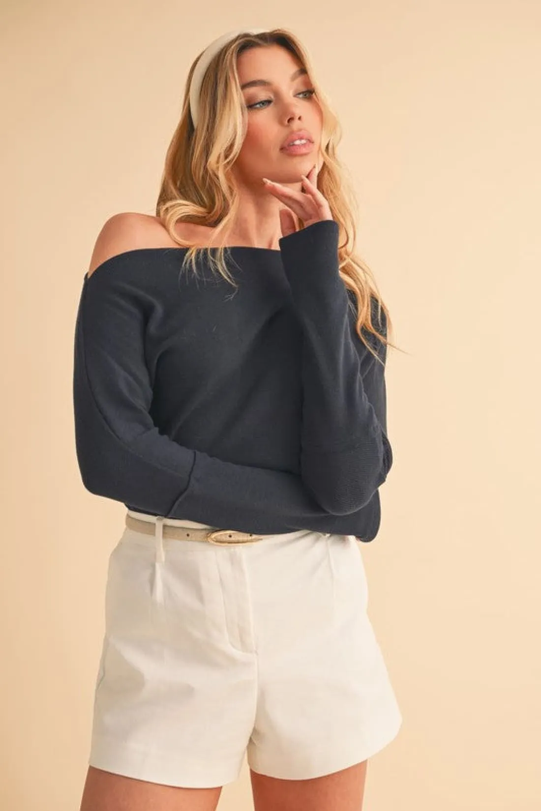 One Shoulder Long Sleeve Knit Top - Navy