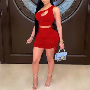 One Shoulder Pleated Bodycon Two Pieces Set