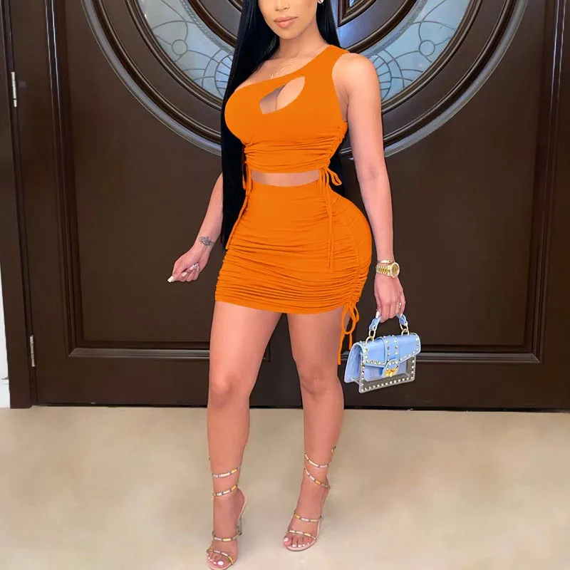 One Shoulder Pleated Bodycon Two Pieces Set