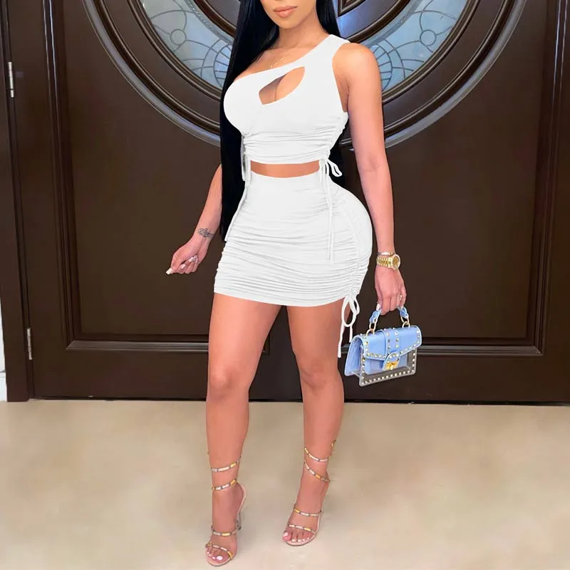 One Shoulder Pleated Bodycon Two Pieces Set