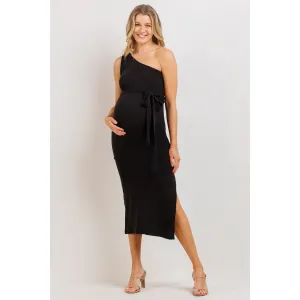 One Shoulder Ribbed Maternity Dress Black - X-Large
