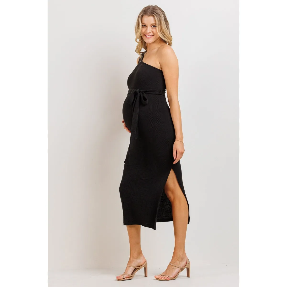 One Shoulder Ribbed Maternity Dress Black - X-Large