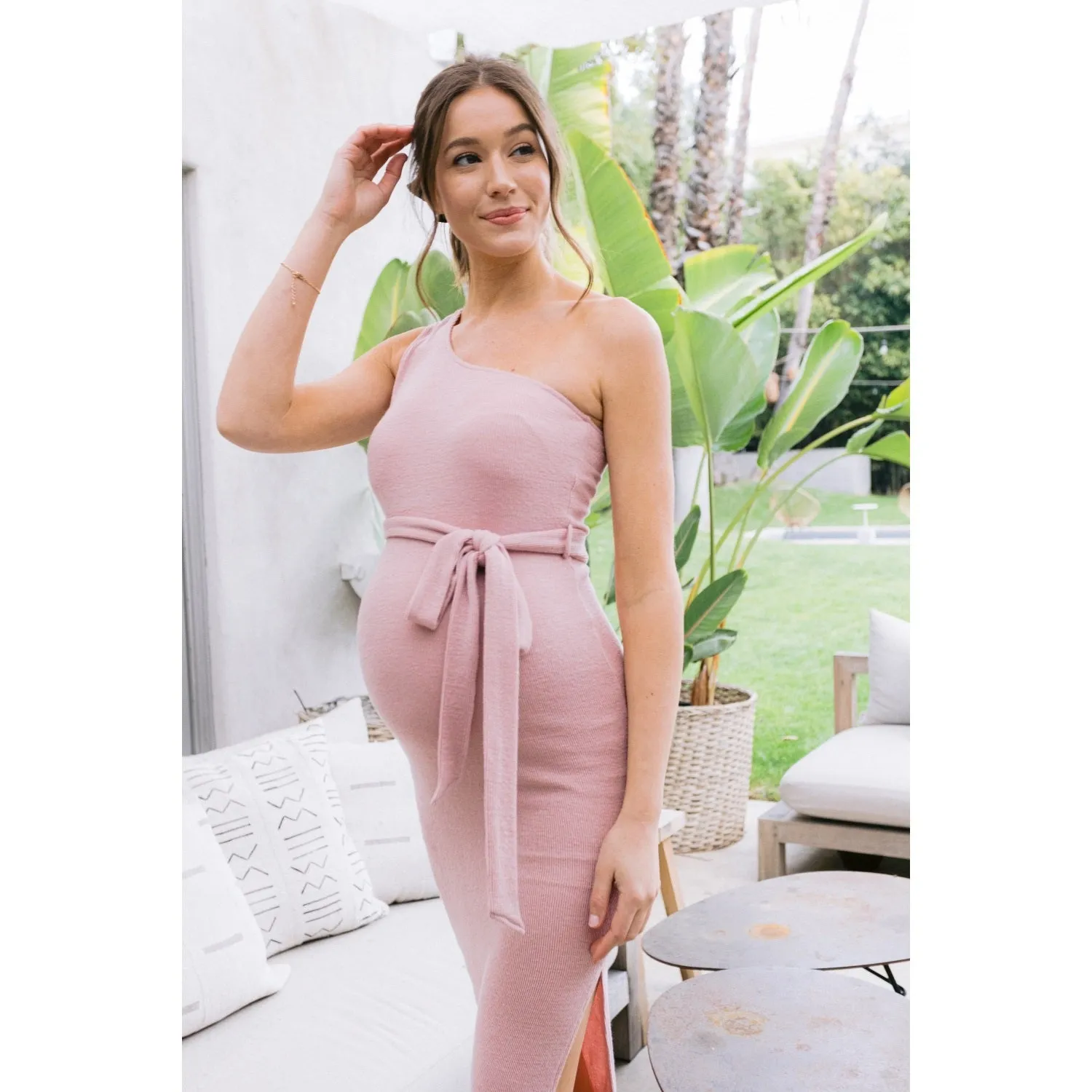 One Shoulder Ribbed Maternity Dress Mauve - Large