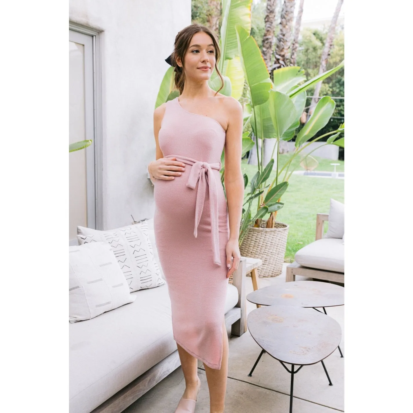 One Shoulder Ribbed Maternity Dress Mauve - Large