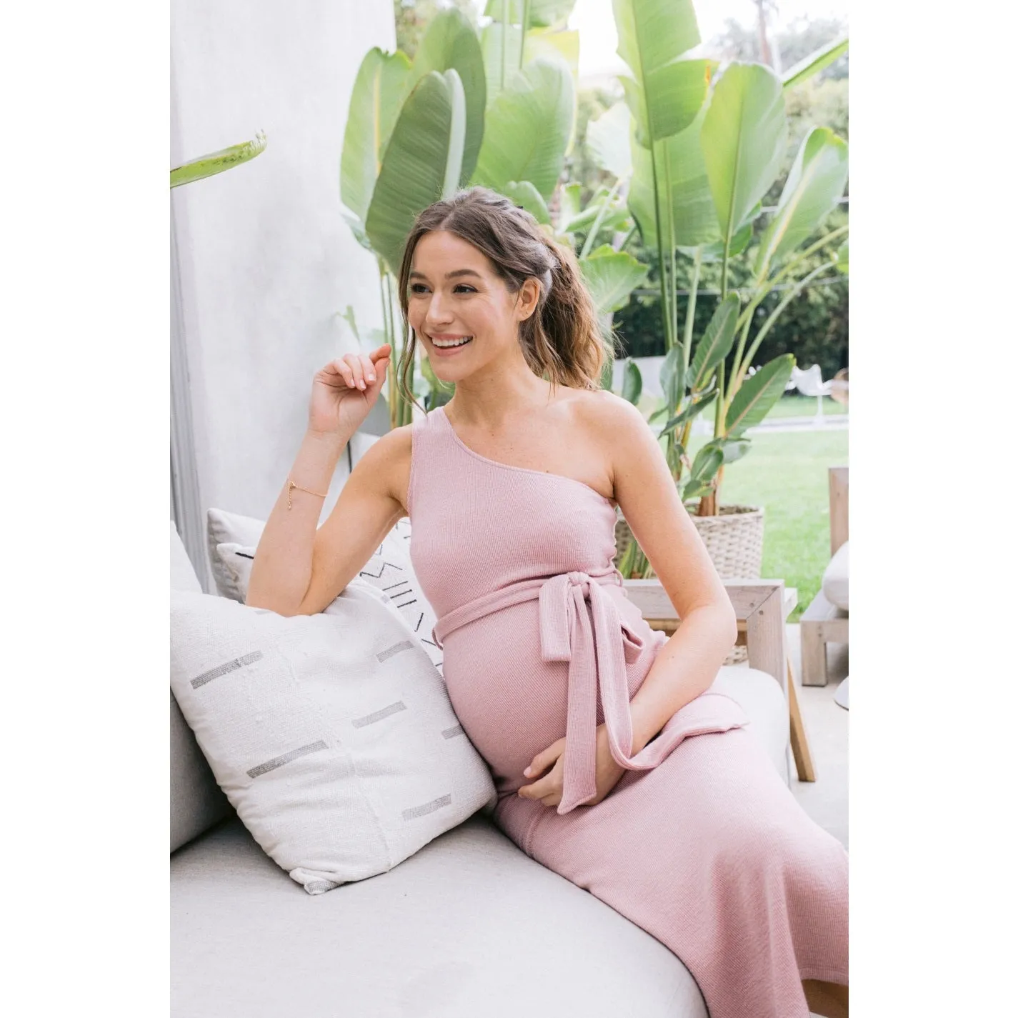 One Shoulder Ribbed Maternity Dress Mauve - Large