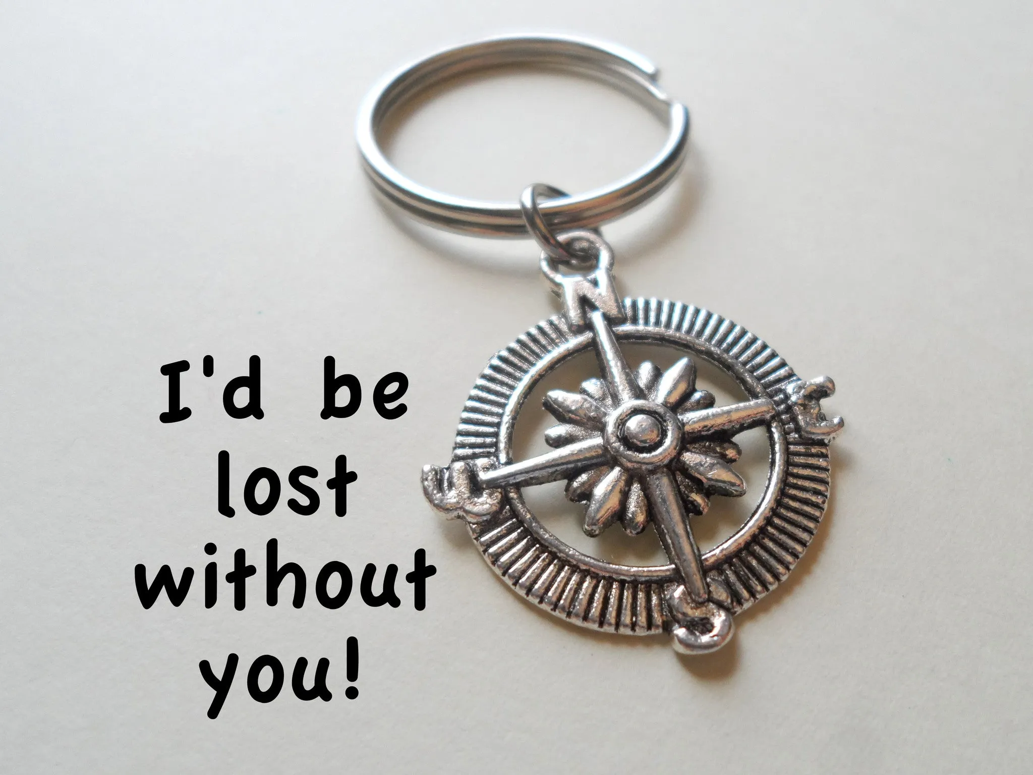 Open Metal Compass Keychain - I'd Be Lost Without You; Couples Keychain, Custom Engraved Tag Option