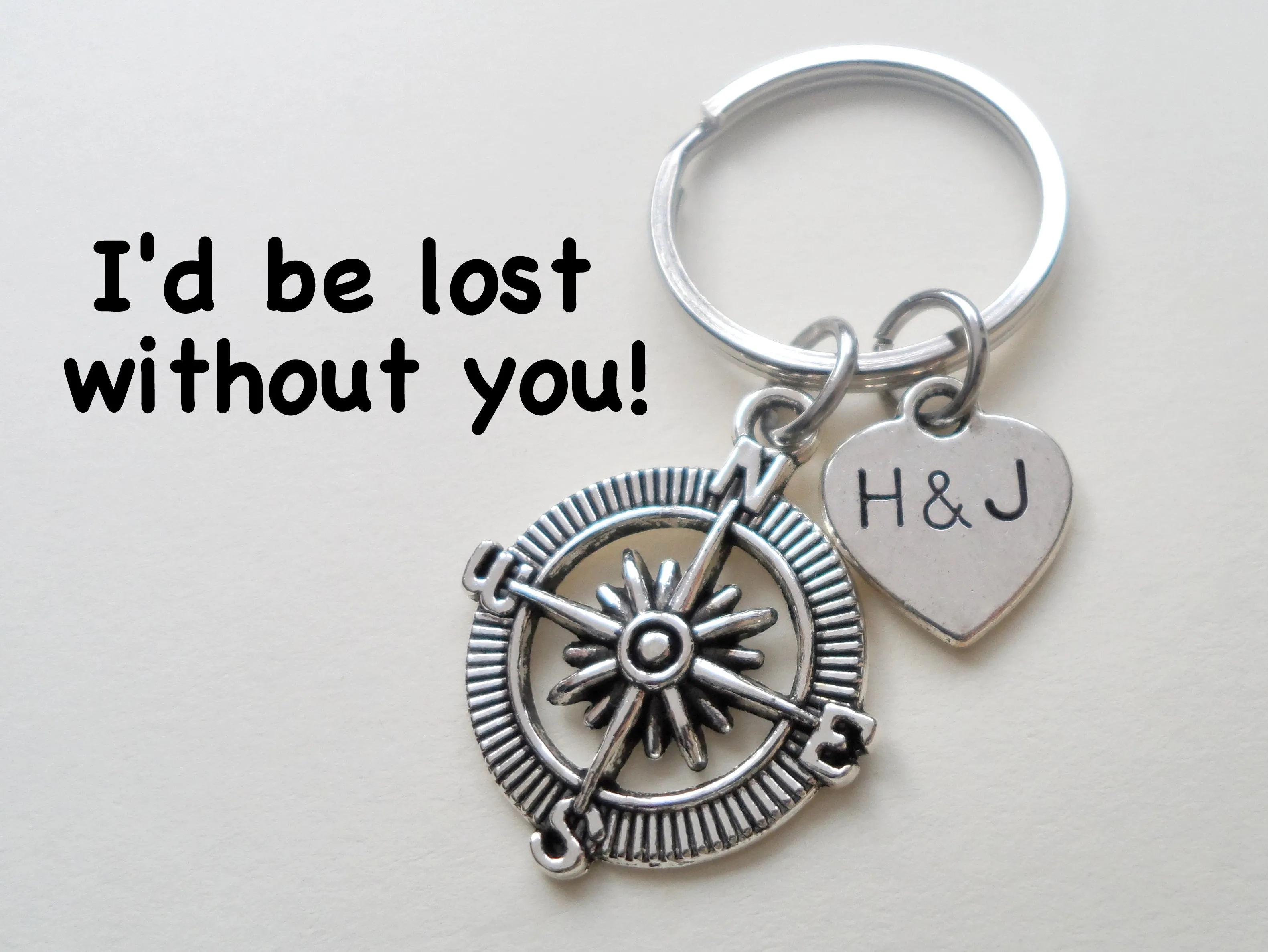 Open Metal Compass Keychain - I'd Be Lost Without You; Couples Keychain, Custom Engraved Tag Option