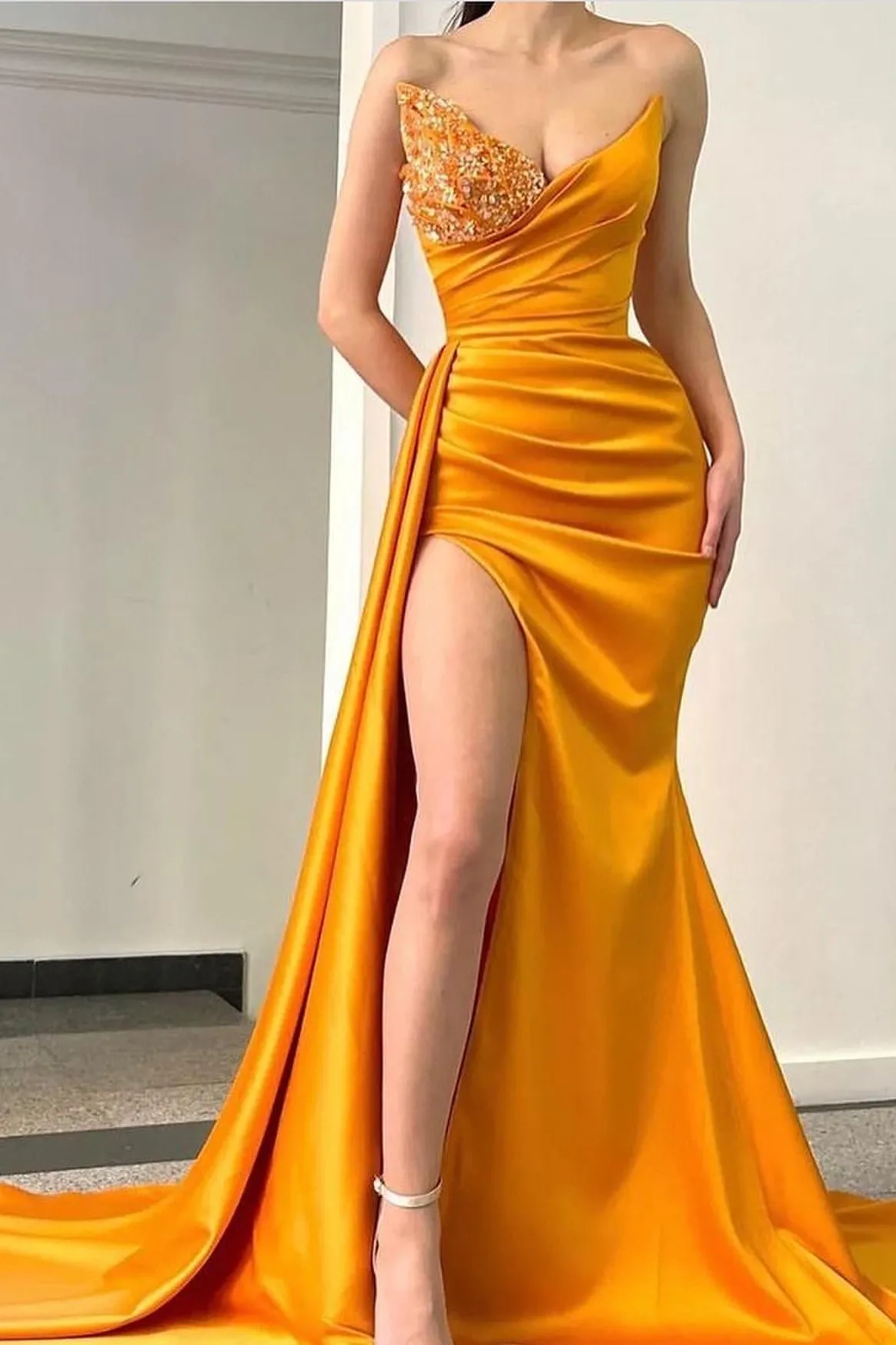 Orange Sweetheart Mermaid Evening Dress Pleated Long Split With Beads
