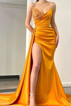 Orange Sweetheart Mermaid Evening Dress Pleated Long Split With Beads
