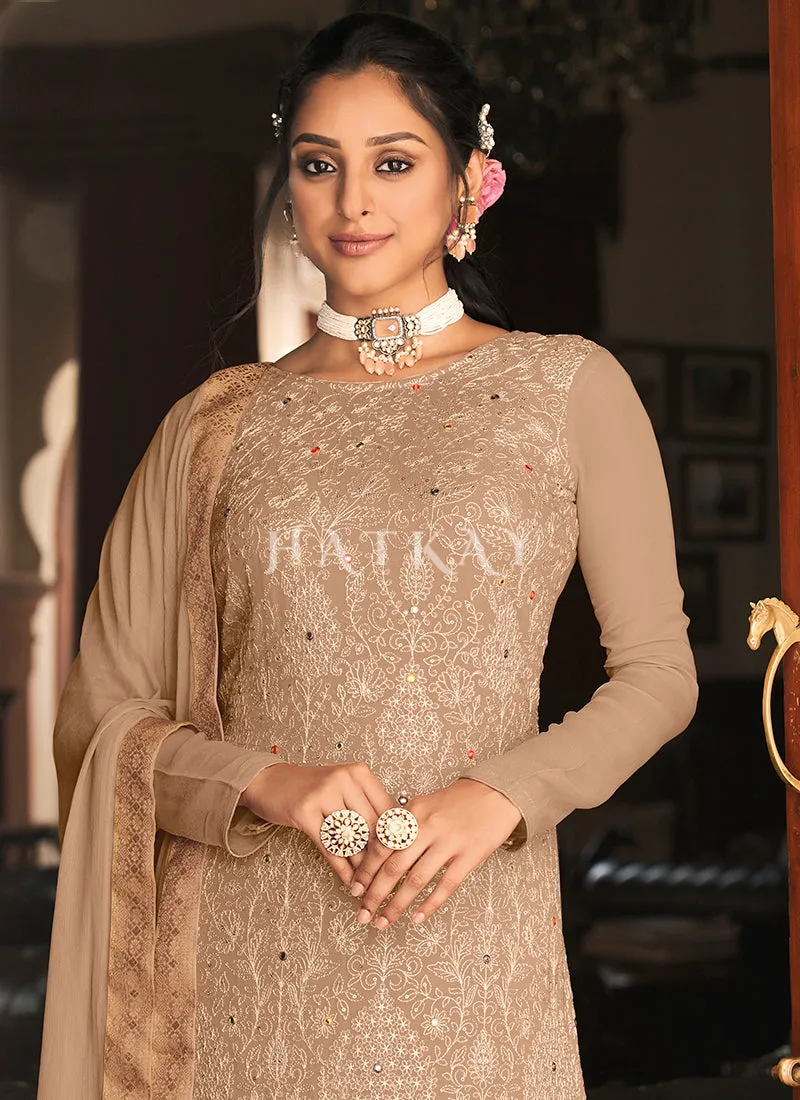 Pale Brown Multi Embroidered Traditional Pant Style Salwar Suit