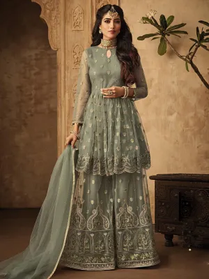 Pale Green Golden Multi Zari Embroidered Designer Anarkali Gharara Suit