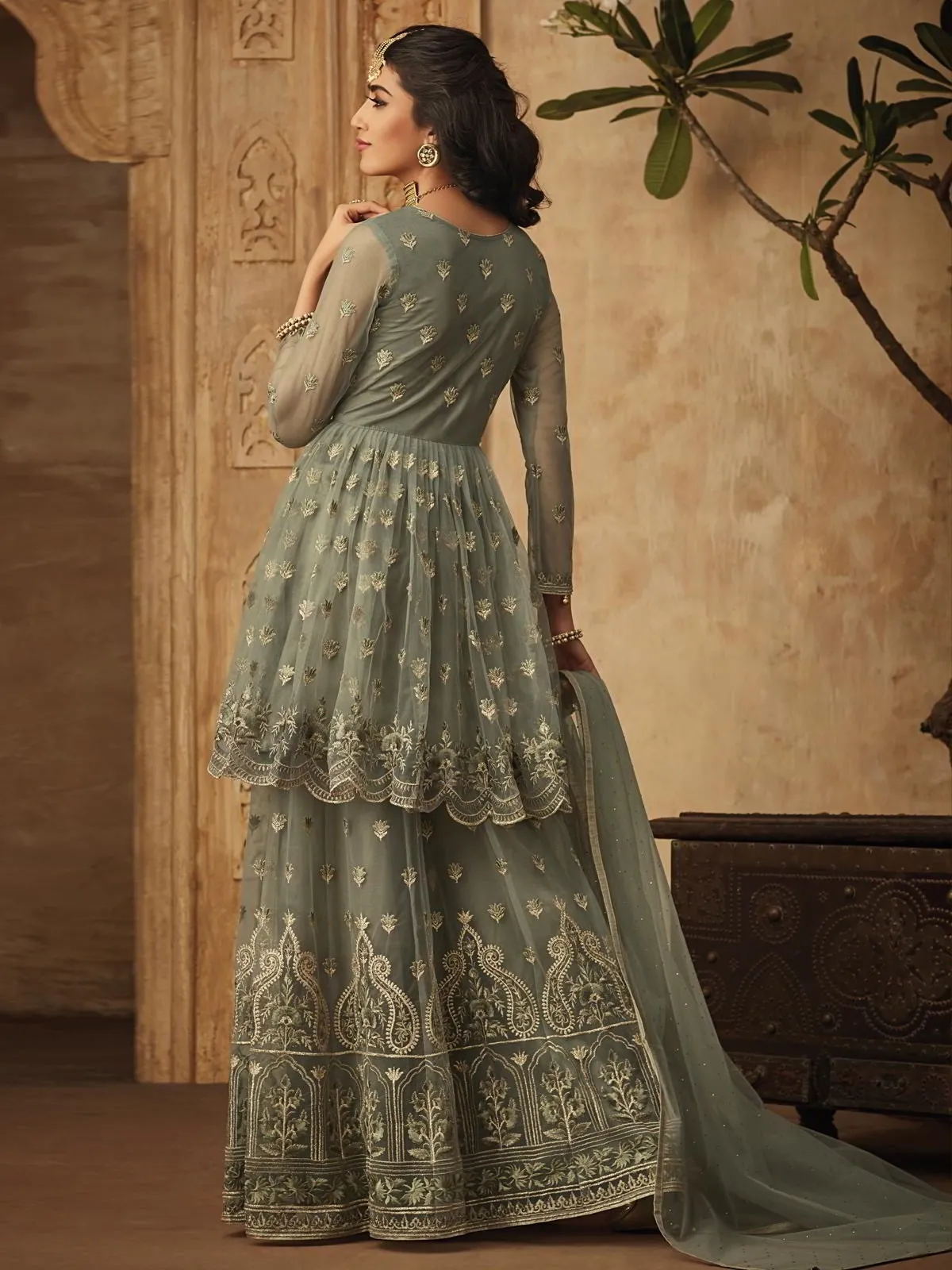 Pale Green Golden Multi Zari Embroidered Designer Anarkali Gharara Suit