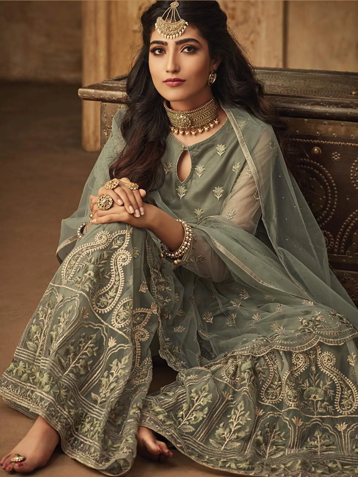 Pale Green Golden Multi Zari Embroidered Designer Anarkali Gharara Suit