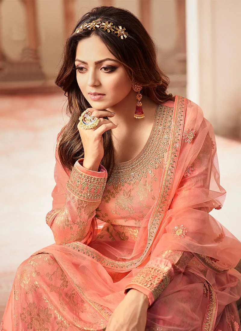 Peach And Golden Tradition Embroidered Wedding Sharara