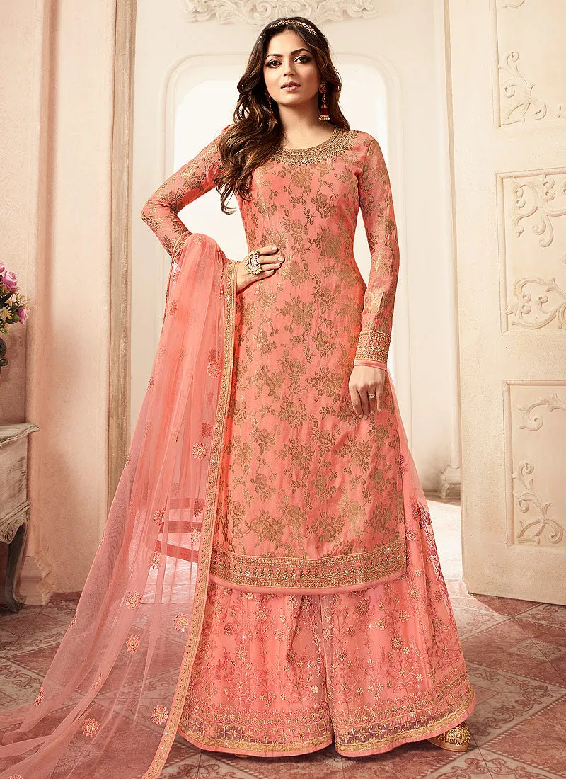 Peach And Golden Tradition Embroidered Wedding Sharara