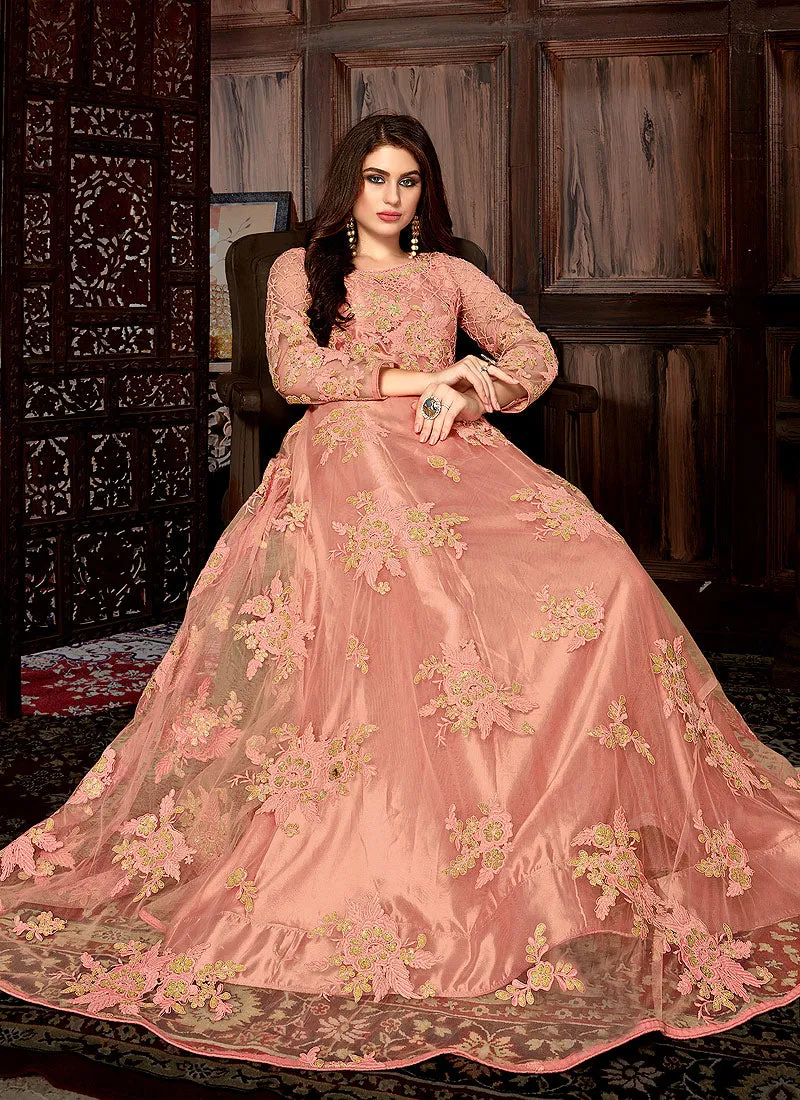 Peach Bunch Embroidered Net Anarkali Suit