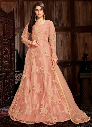 Peach Bunch Embroidered Net Anarkali Suit