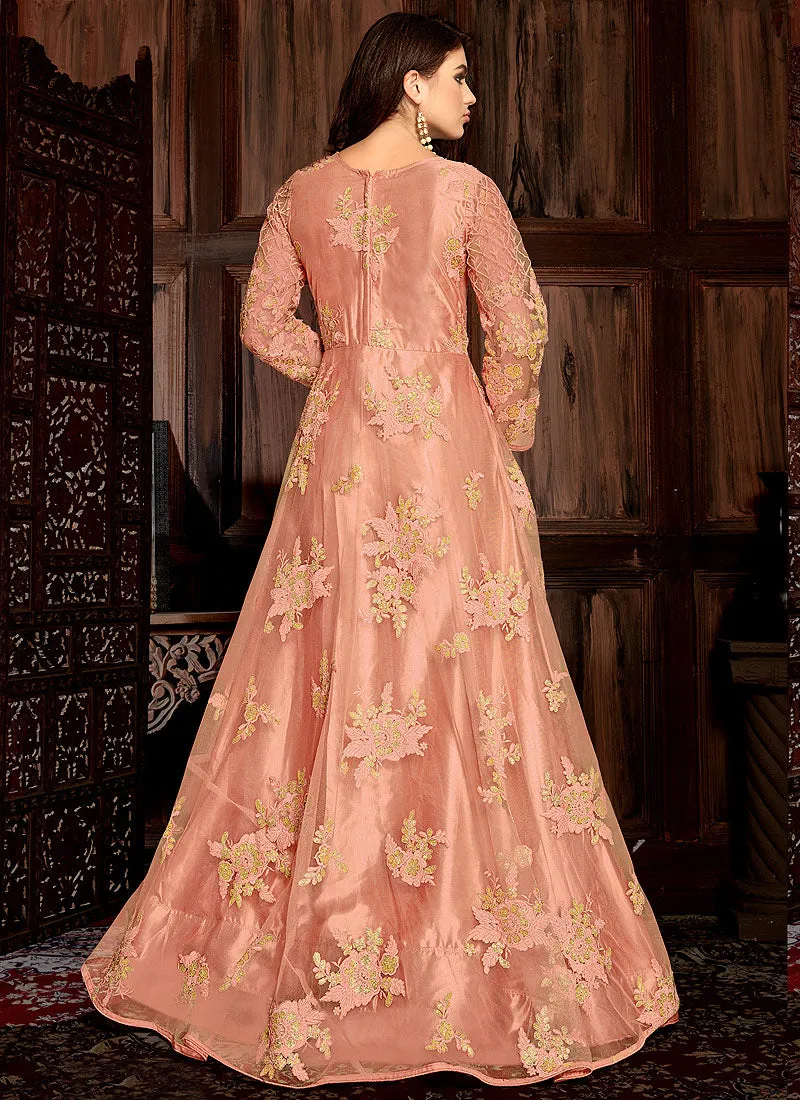 Peach Bunch Embroidered Net Anarkali Suit