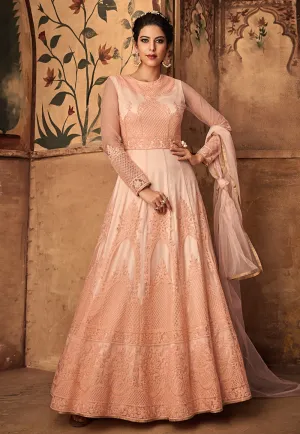 Peach Chikankari Embroidered Net Anarkali Suit