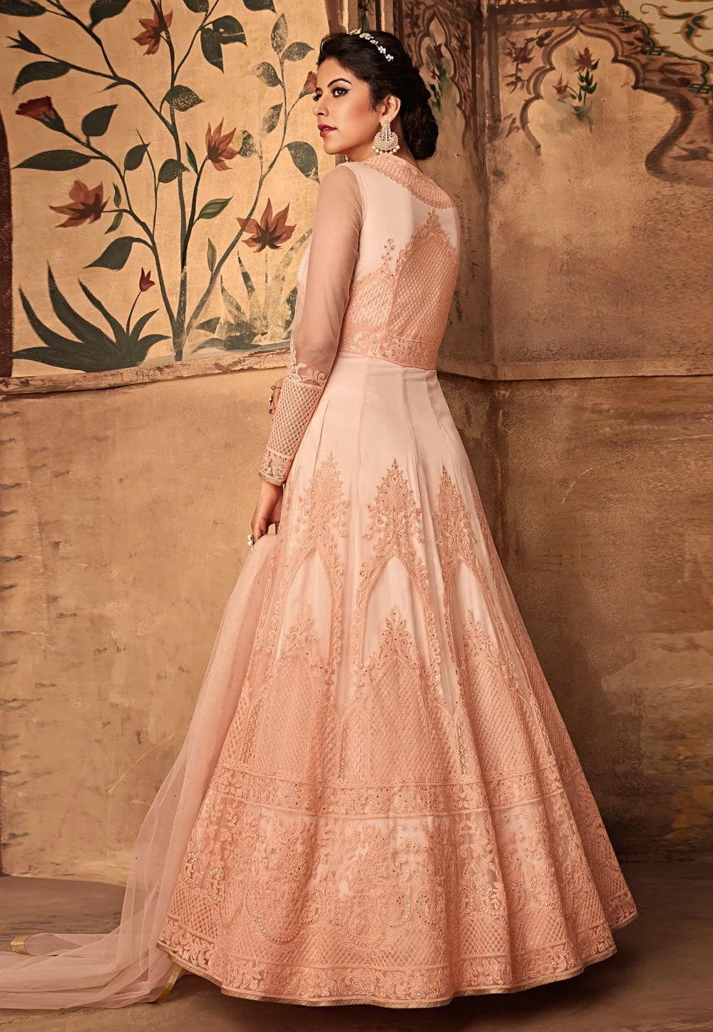Peach Chikankari Embroidered Net Anarkali Suit
