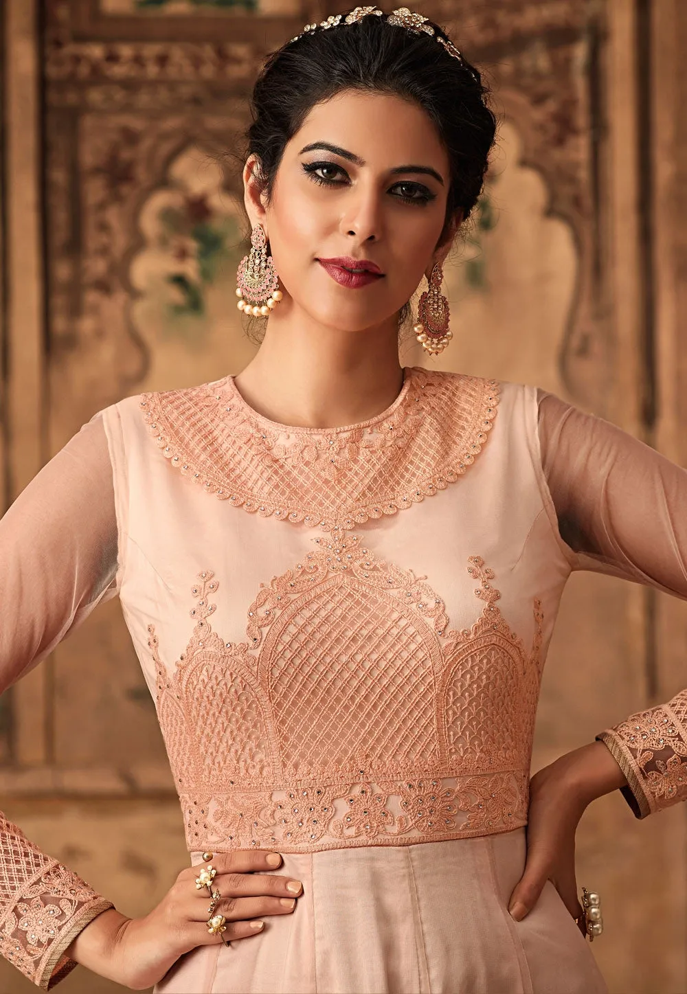 Peach Chikankari Embroidered Net Anarkali Suit
