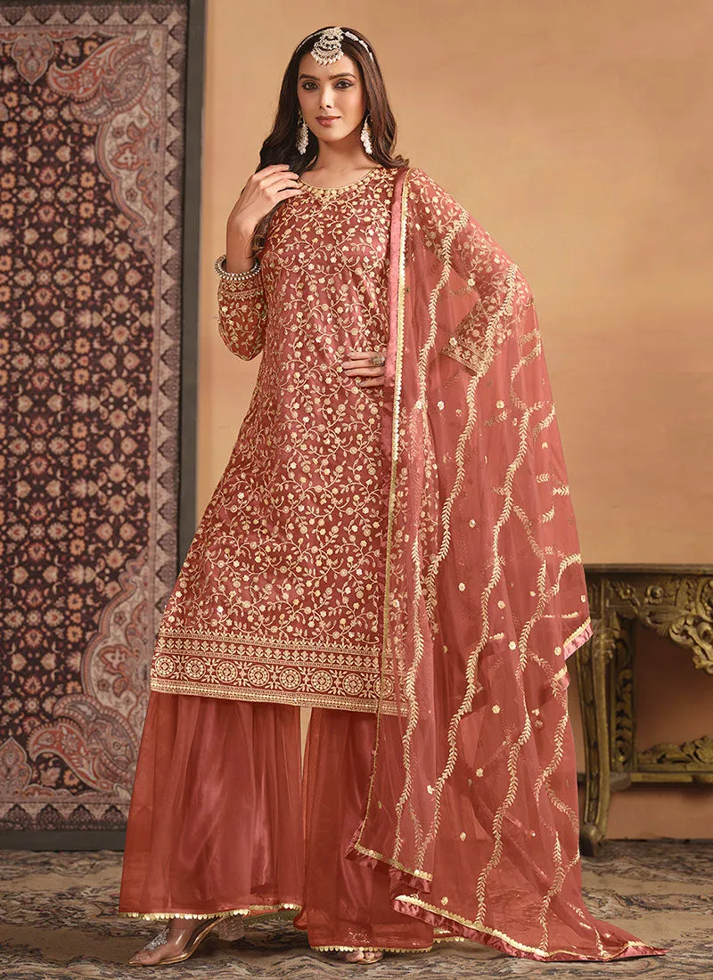 Peach Embroidery Net Gharara Suit