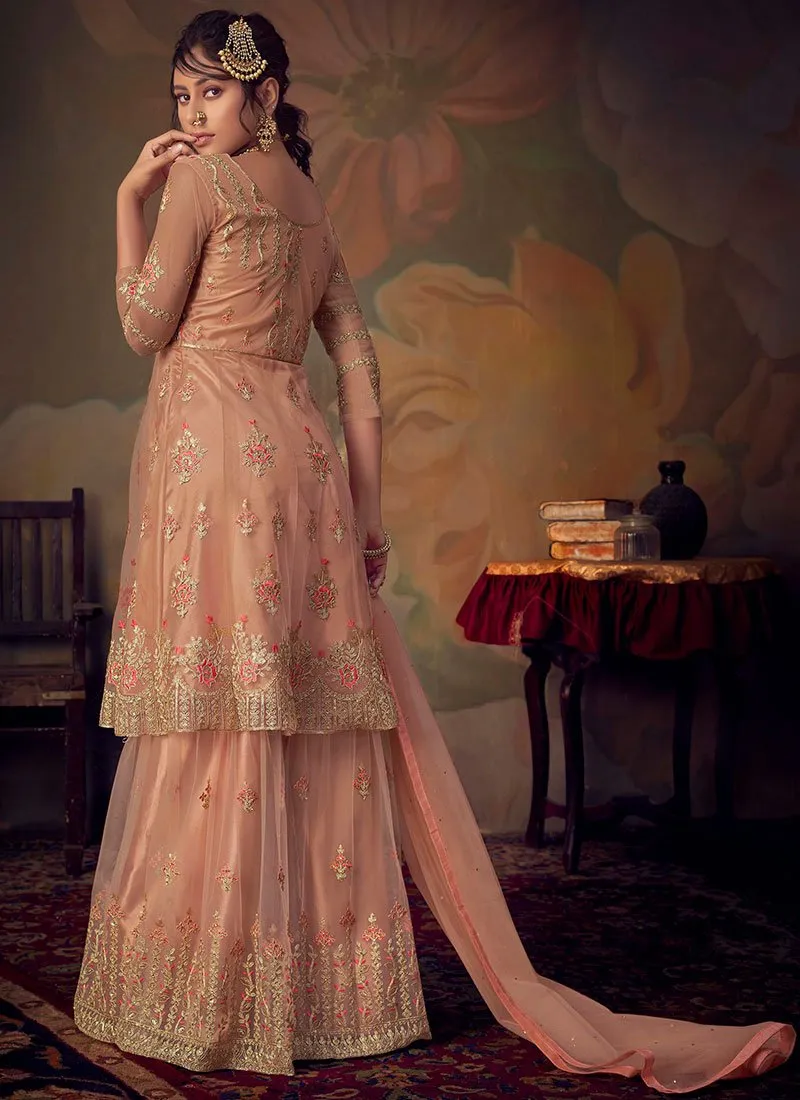 Peach Golden Embroidered Anarkali Gharara Suit