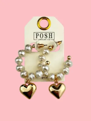Pearl and puffed heart hoop earring