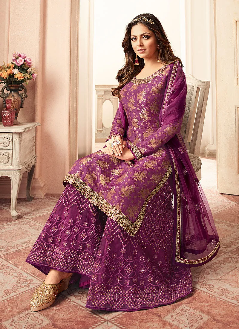 Pink And Golden Tradition Embroidered Wedding Sharara