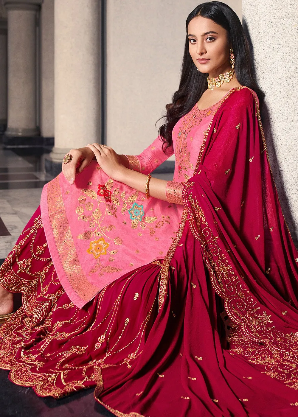 Pink And Red Embroidered Sharara Suit