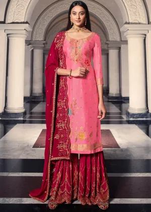Pink And Red Embroidered Sharara Suit