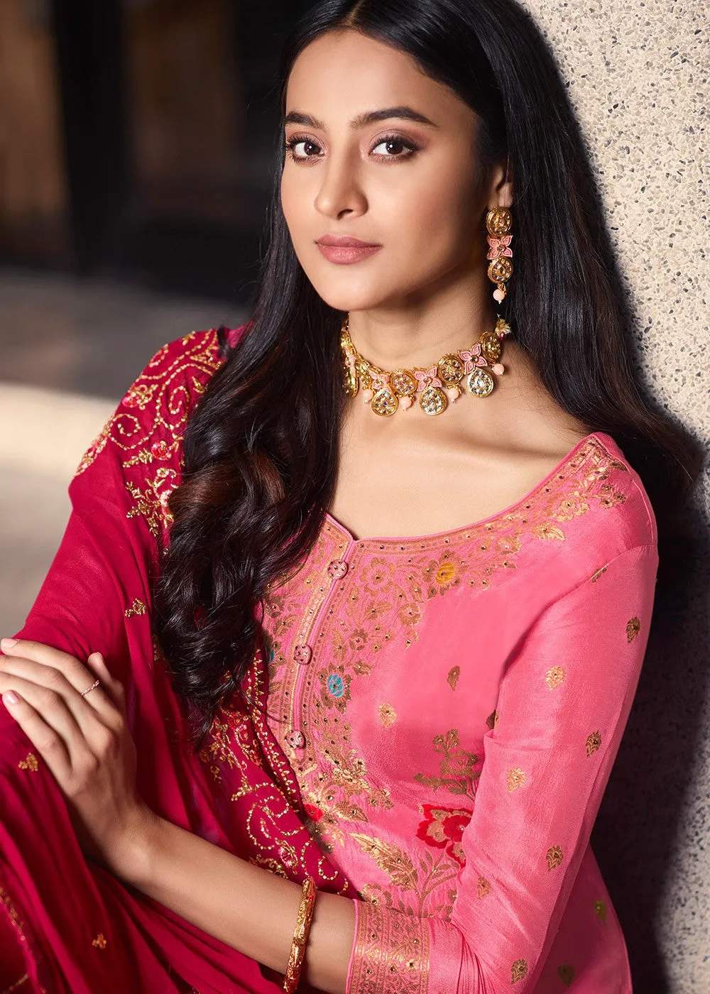 Pink And Red Embroidered Sharara Suit