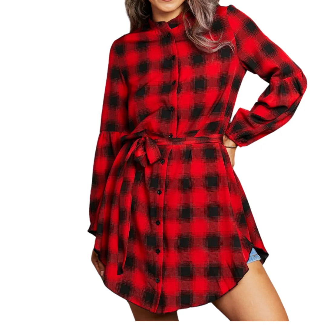 Plaid Tie Waist Balloon Sleeve Mini Dress
