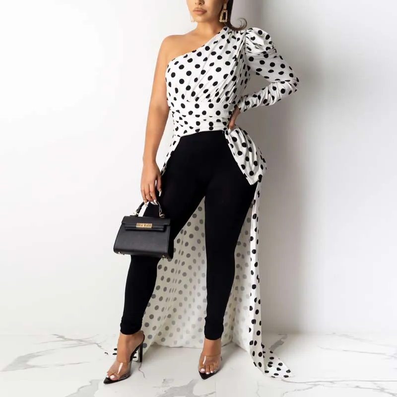 Polka Dot Print One Shoulder Irregular Shirt Dress