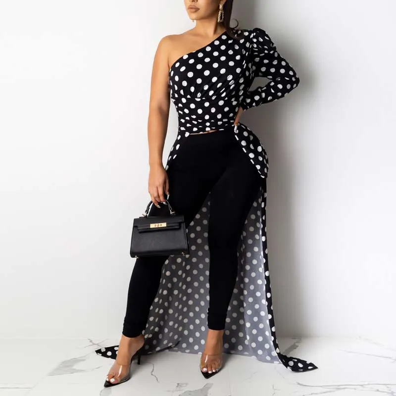 Polka Dot Print One Shoulder Irregular Shirt Dress