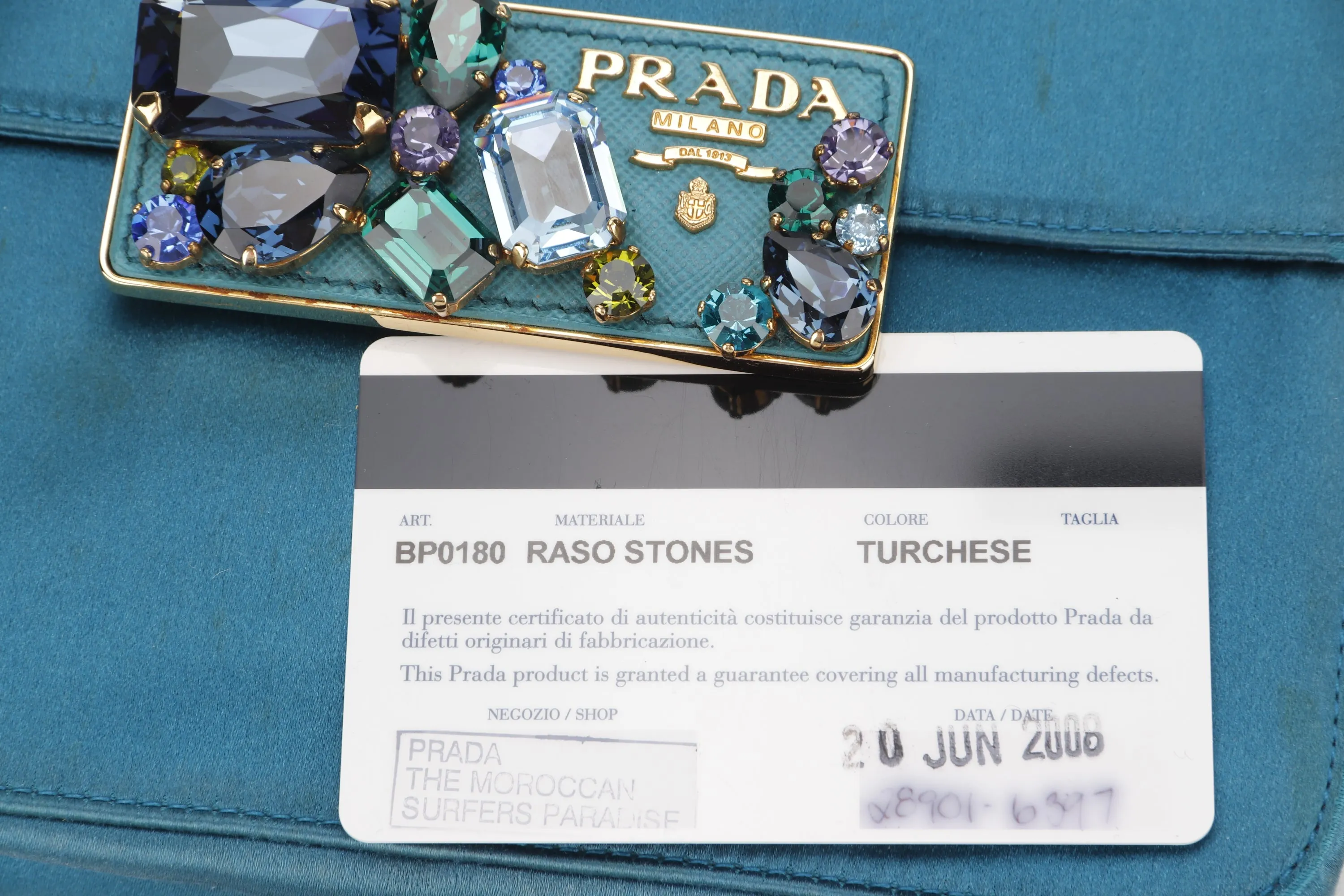 PRADA BP0180 CLUTCH TURQUOISE RASO STONES, WITH CARD & DUST COVER