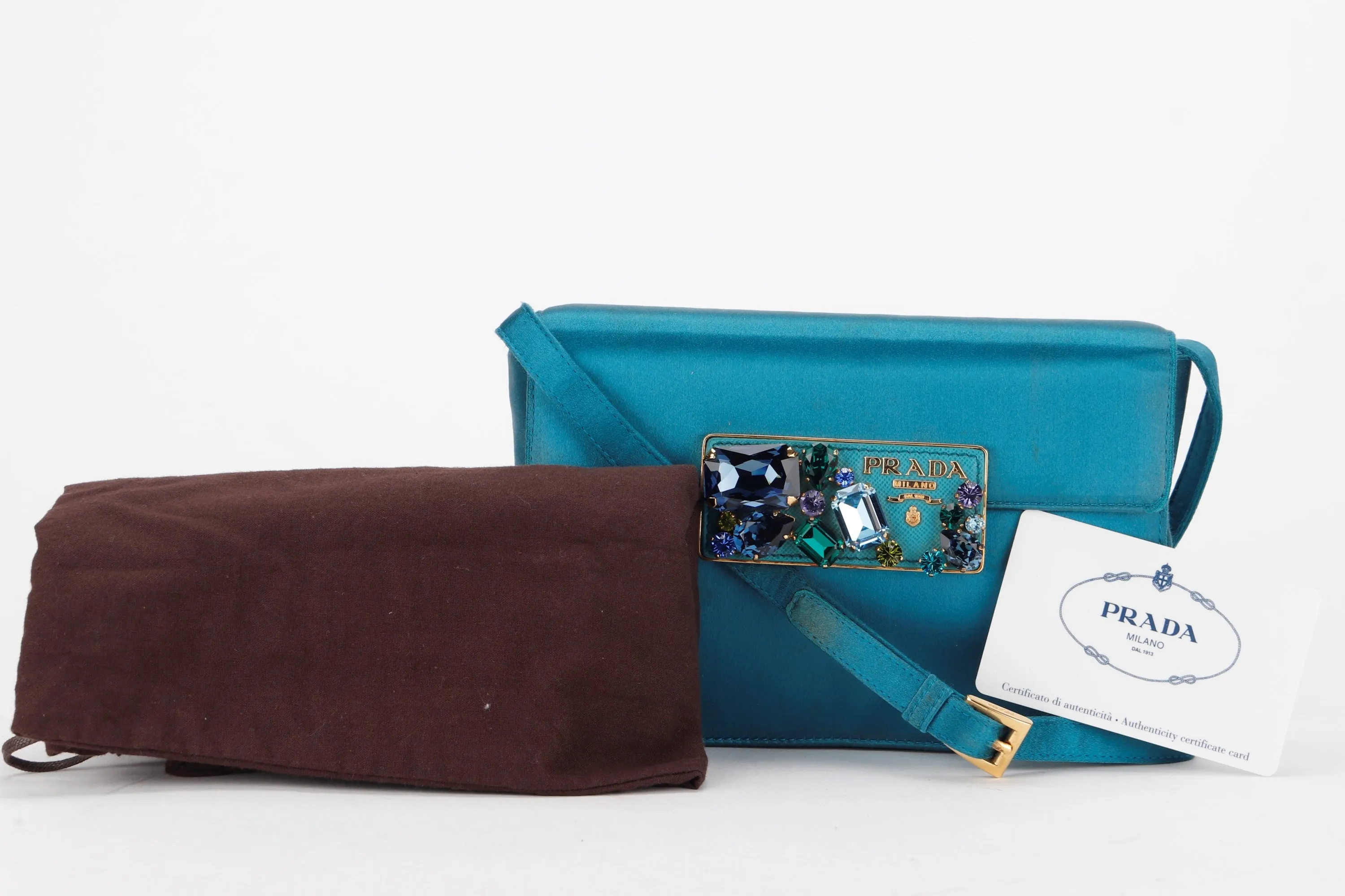 PRADA BP0180 CLUTCH TURQUOISE RASO STONES, WITH CARD & DUST COVER