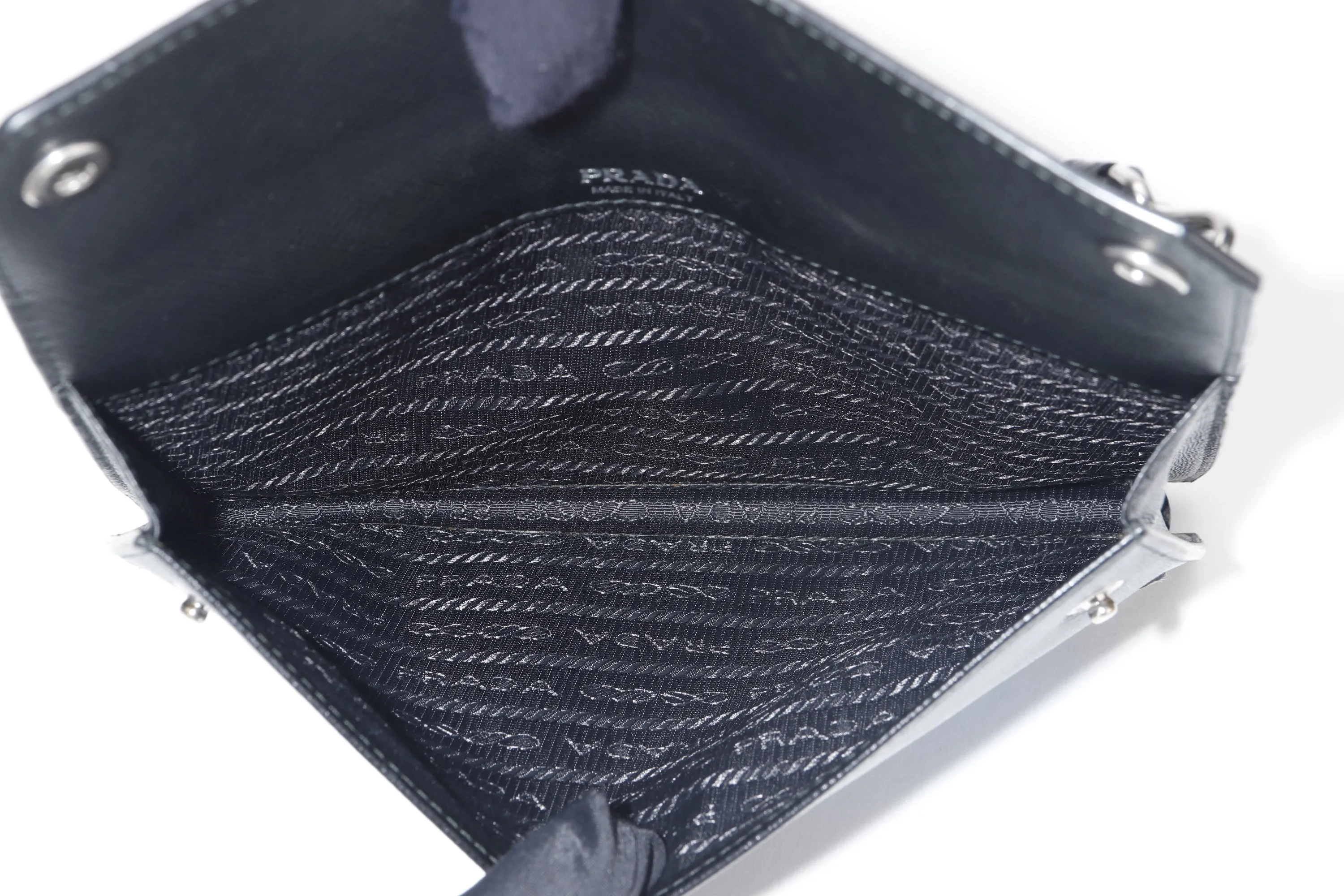 PRADA CLUTCH BLACK RETRO RACING LOGO PRINT SAFFIANO LEATHER SILVER HARDWARE, NO CARD & DUST COVER