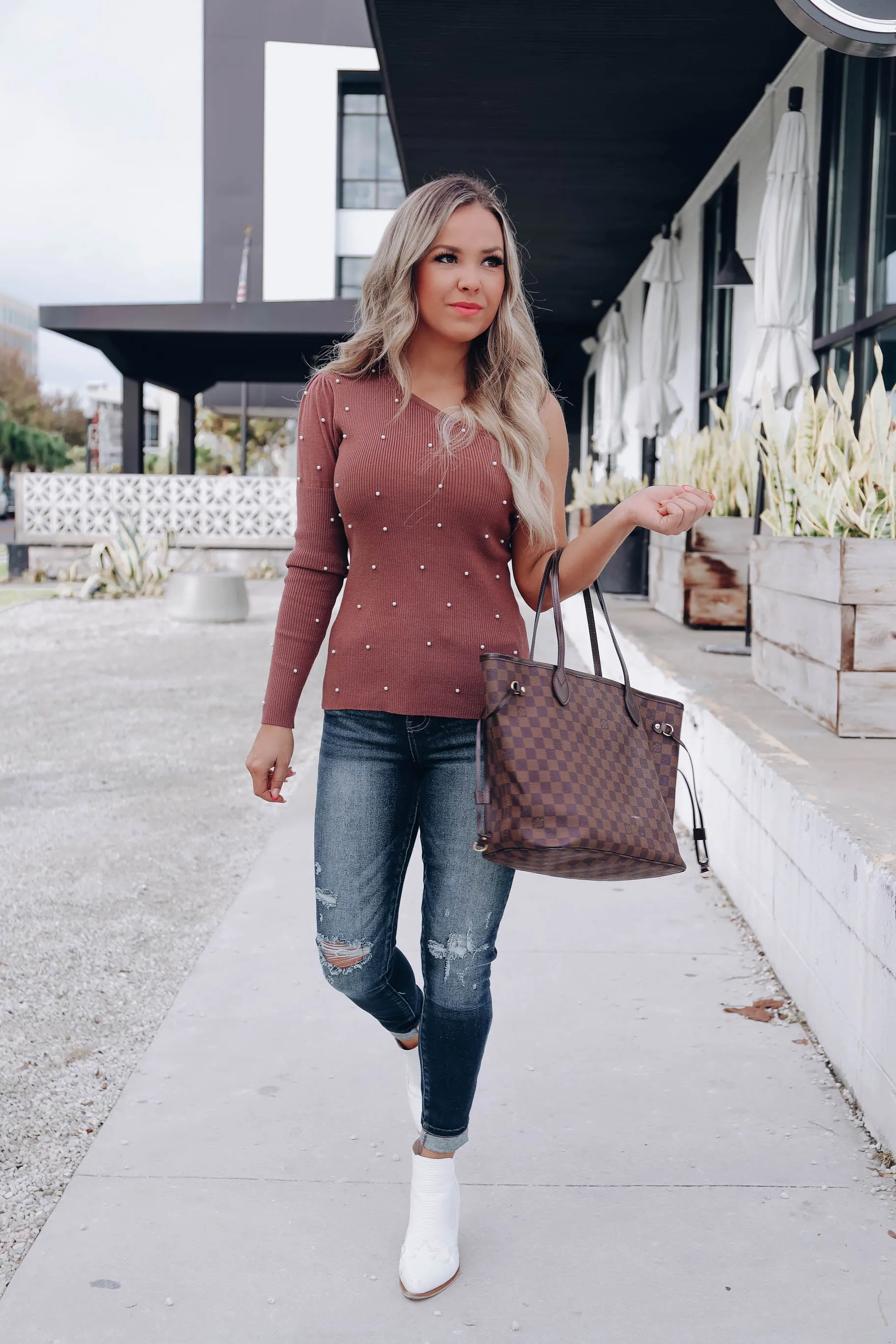 Pretty Girl Pearl One Shoulder Top - Rich Mocha