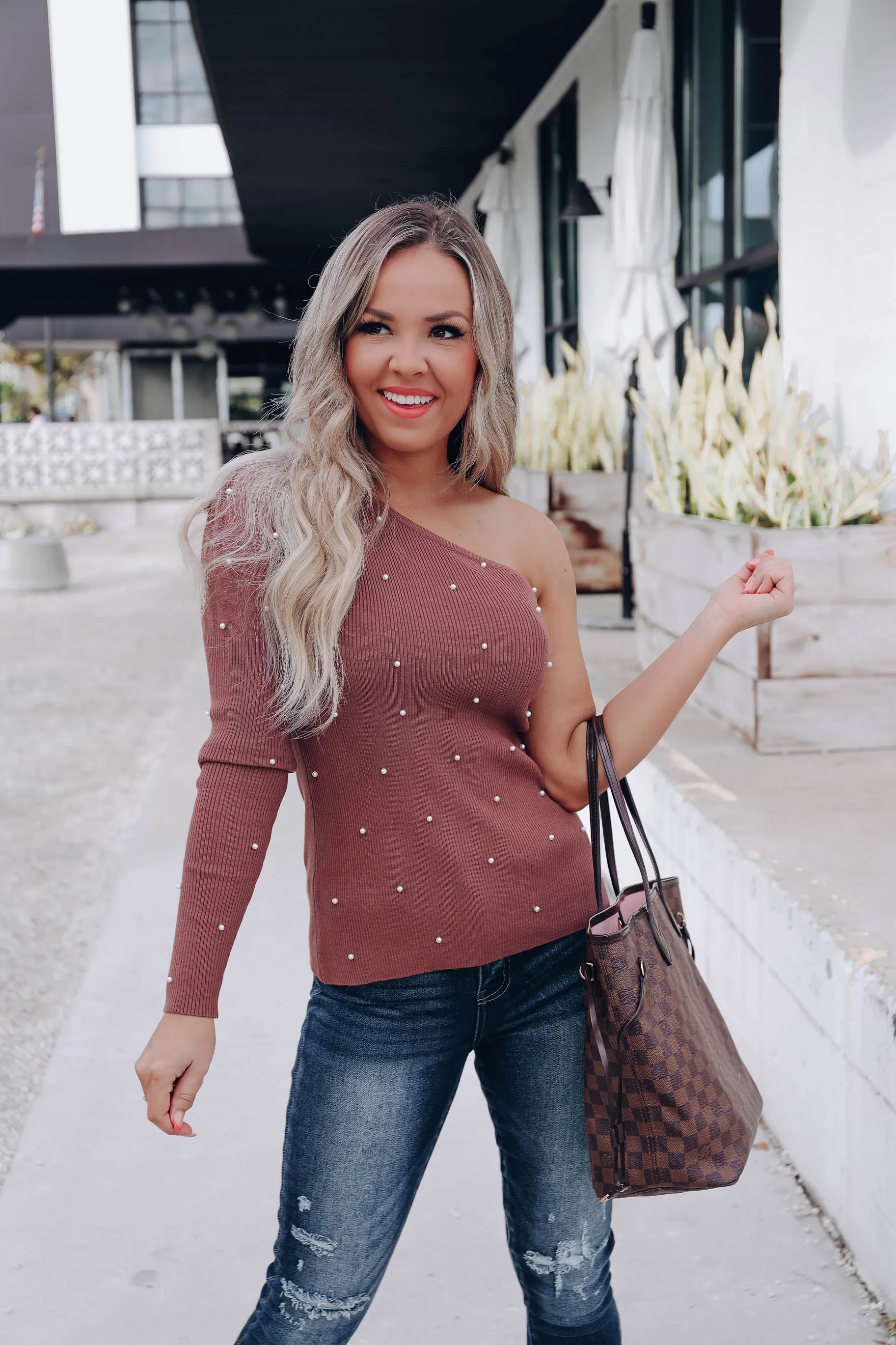 Pretty Girl Pearl One Shoulder Top - Rich Mocha