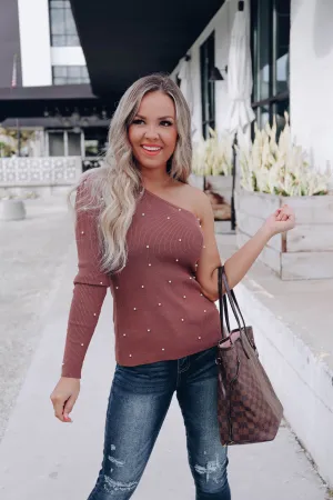 Pretty Girl Pearl One Shoulder Top - Rich Mocha