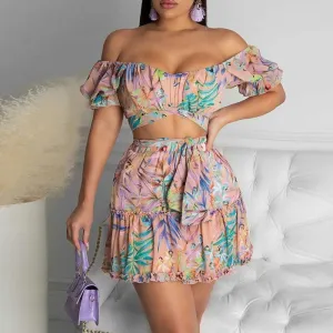 Print Off Shoulder Crop Top & Bowknot Skirt Set