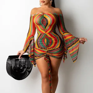 Print Off Shoulder Flared Sleeve Drawstring Bodycon Dress