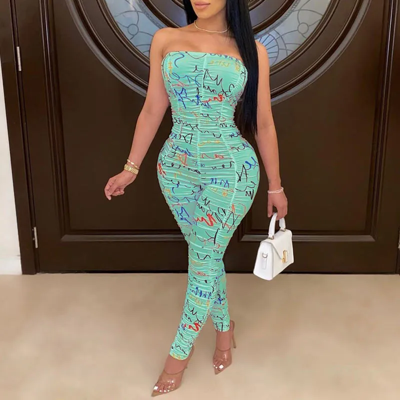Print Off Shoulder Ruched Jumpsuit